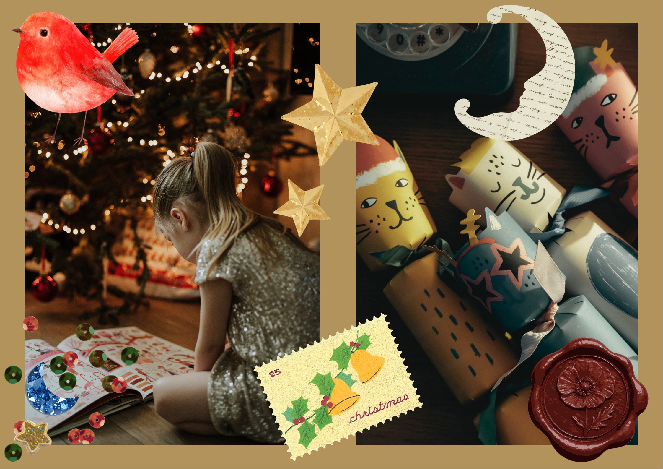 Christmas home education activities UK, a child reading by the tree with festive decorations